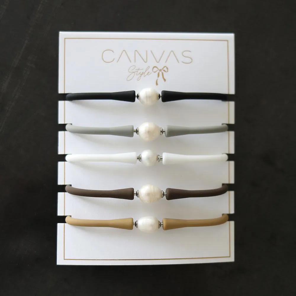 Bali Freshwater Pearl Silicone Bracelet Stack of 5 in Black, Steel Grey, White, Chocolate & Cocoa sold by Canvas Style product image thumbnail 2