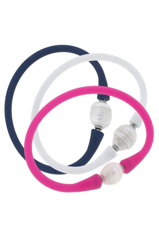 Bali Freshwater Pearl Silicone Bracelet Stack of 3 in Fuchsia, White & Navy sold by Canvas Style
