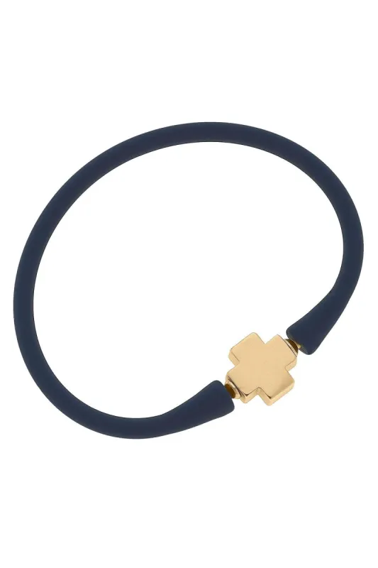 Bali 24K Gold Plated Cross Bead Silicone Bracelet in Navy sold by Canvas Style