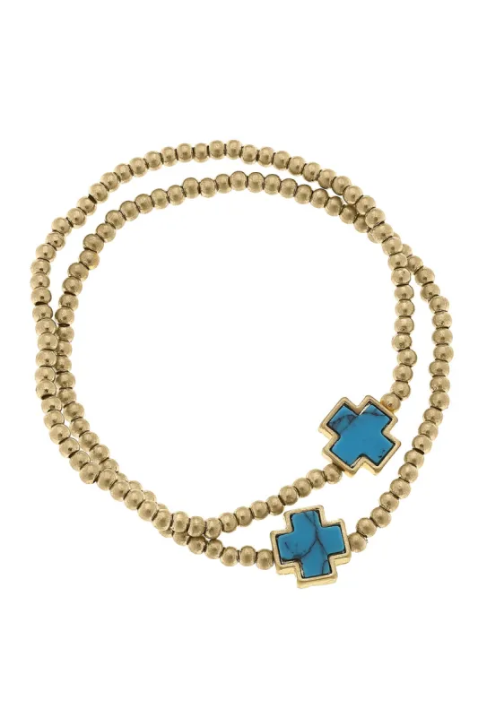 Beth Turquoise Cross Ball Bead Stretch Bracelets (Set of 2) sold by Canvas Style