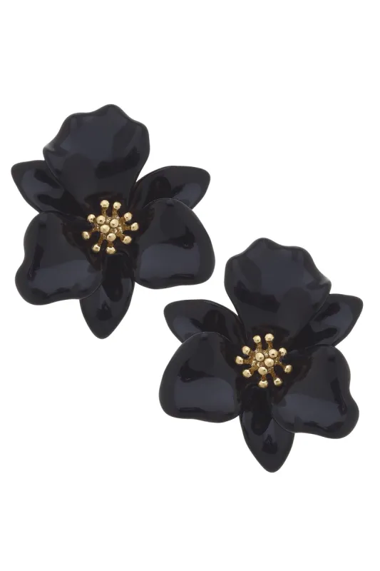 Valentina Enamel Flower Statement Earrings in Black sold by Canvas Style