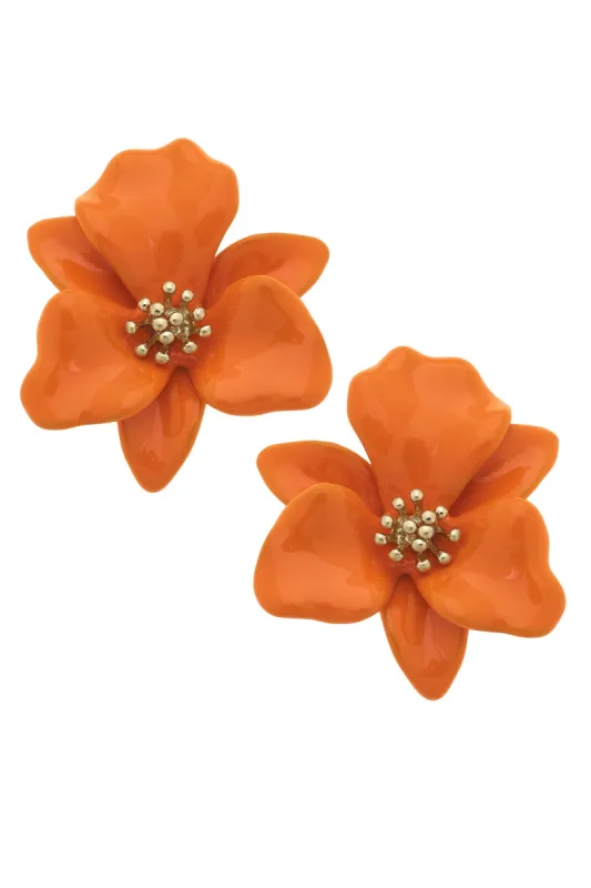 Valentina Enamel Flower Statement Earrings in Orange sold by Canvas Style