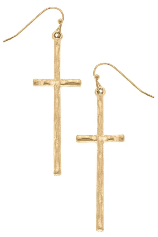 Carmi Delicate Cross Dangle Earrings in Worn Gold sold by Canvas Style