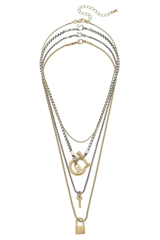 Key to My Heart Lock & Key Charm Layered Necklace Set of 4 in Two Tone sold by Canvas Style