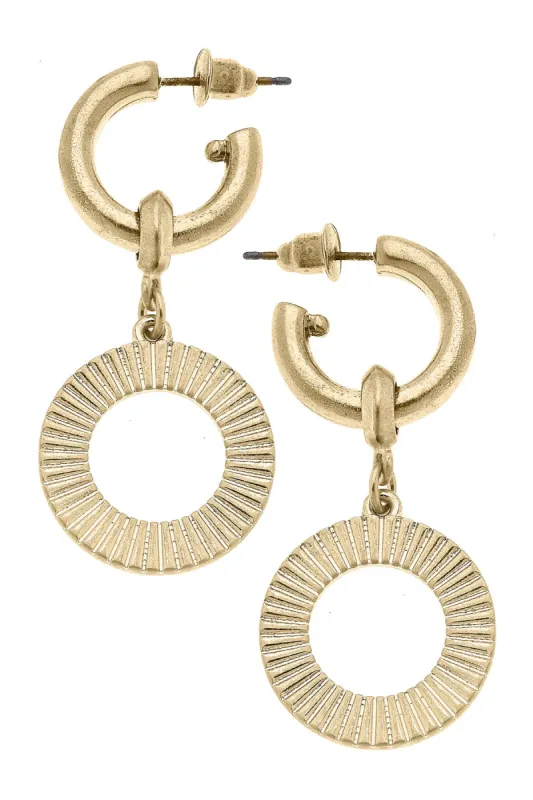 Savannah Fluted Metal Disc Drop Hoop Earrings in Worn Gold sold by Canvas Style