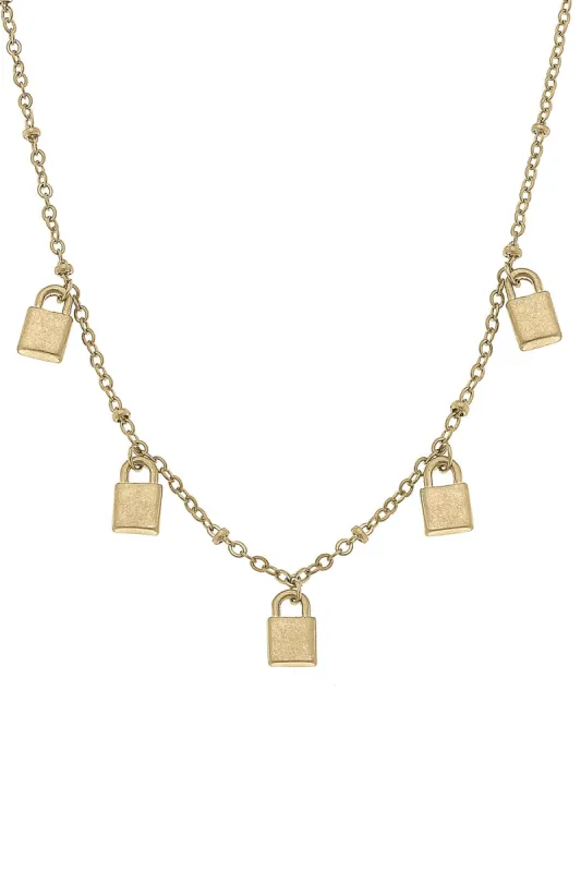 Mason Padlock Charm Station Necklace in Worn Gold sold by Canvas Style