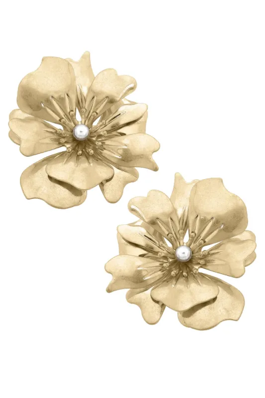 Nicole Pearl Flower Statement Earrings in Worn Gold made by Canvas Style