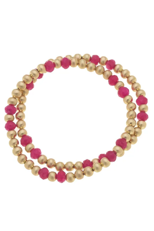 Hallie Semiprecious Ball Bead Stretch Bracelets (Set of 2) in Fuchsia sold by Canvas Style