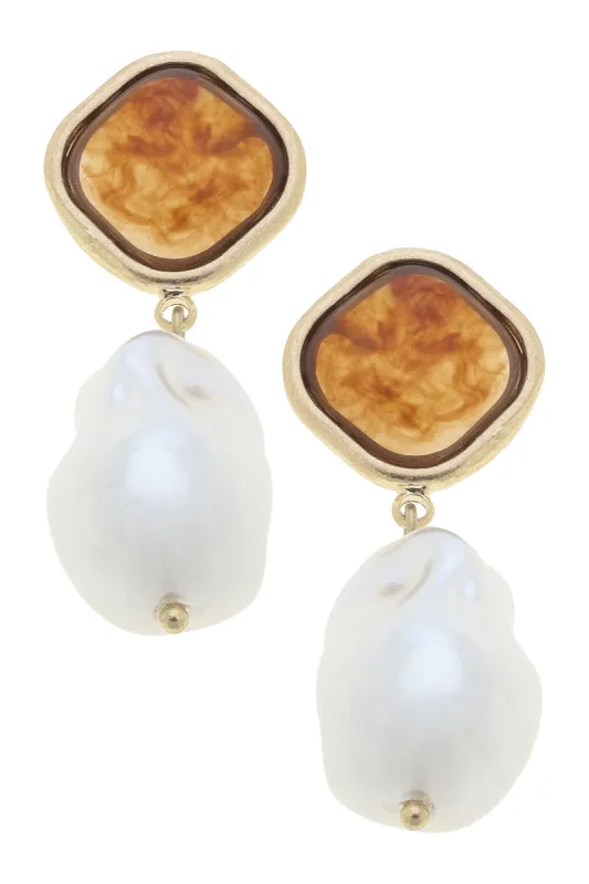 Marci Marbled Resin Pearl Drop Earrings in Amber & Satin Gold sold by Canvas Style