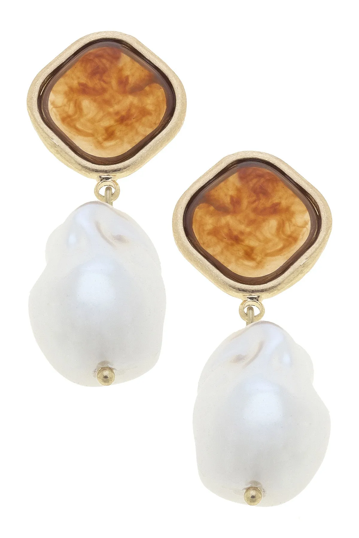 Marci Marbled Resin Pearl Drop Earrings in Amber & Satin Gold sold by Canvas Style