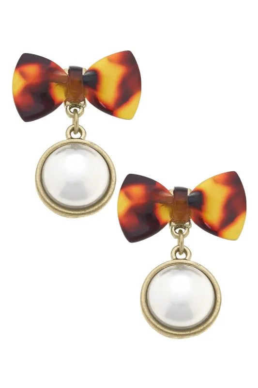 Alexa Pearl Drop Bow Earrings in Tortoise sold by Canvas Style