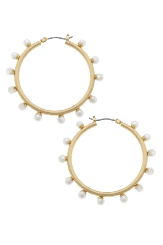 Katie Pearl Studded Statement Hoop Earrings in Ivory & Satin Gold sold by Canvas Style