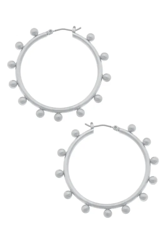 Katie Studded Metal Statement Hoop Earrings in Satin Silver sold by Canvas Style