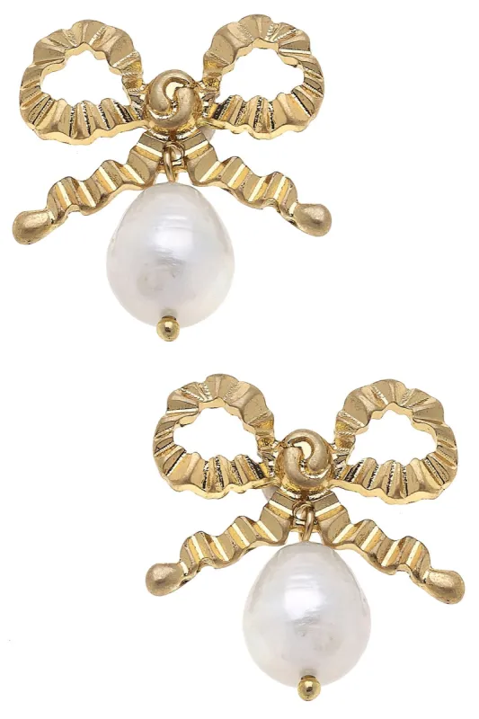 Kate Bow & Pearl Drop Earrings in Worn Gold sold by Canvas Style