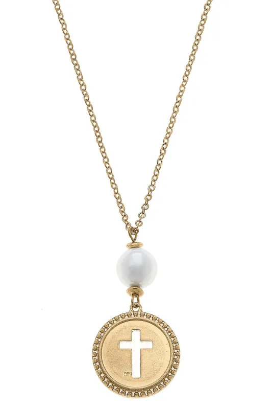Candace Coin Cross with Pearl Necklace in Worn Gold sold by Canvas Style