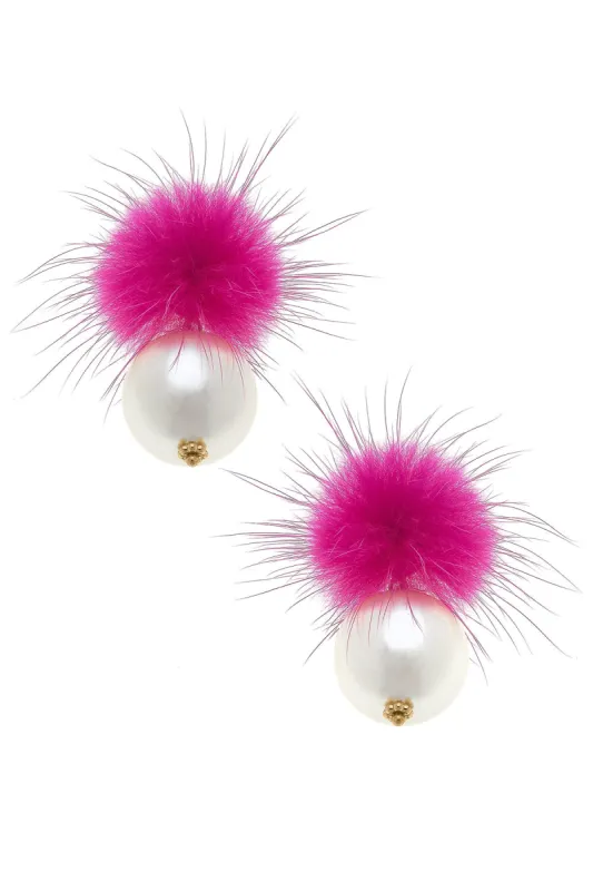 Aster Faux Mink Pompon & Pearl Earrings in Fuchsia sold by Canvas Style