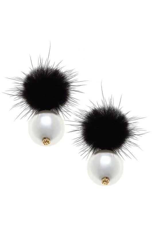 Aster Faux Mink Pompon & Pearl Earrings in Black sold by Canvas Style