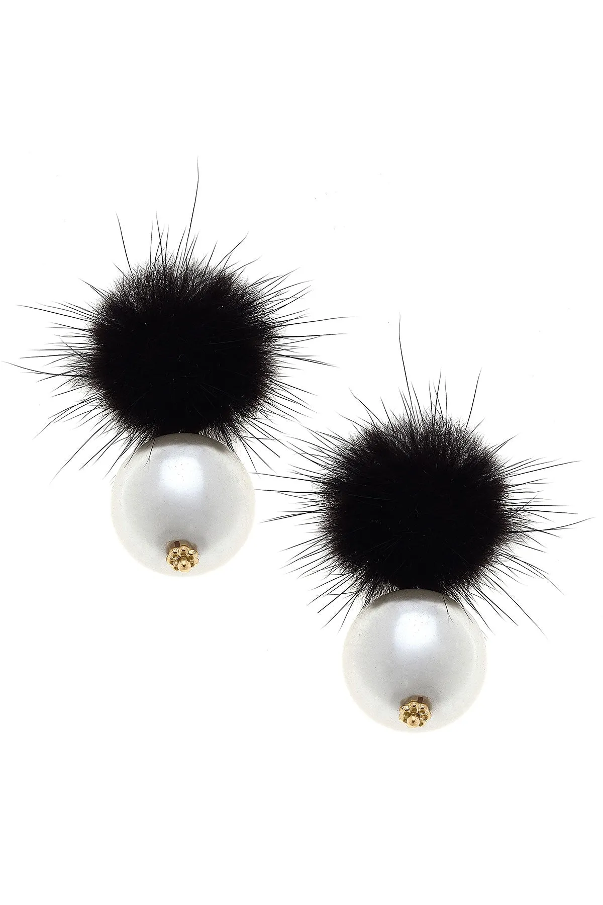 Aster Faux Mink Pompon & Pearl Earrings in Black sold by Canvas Style