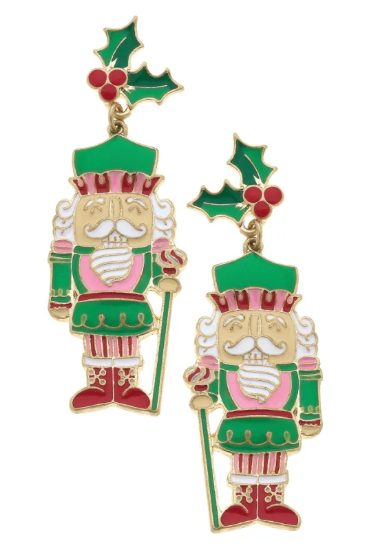 Mistletoe Enamel Nutcracker Earrings in Pink/Green/Red sold by Canvas Style