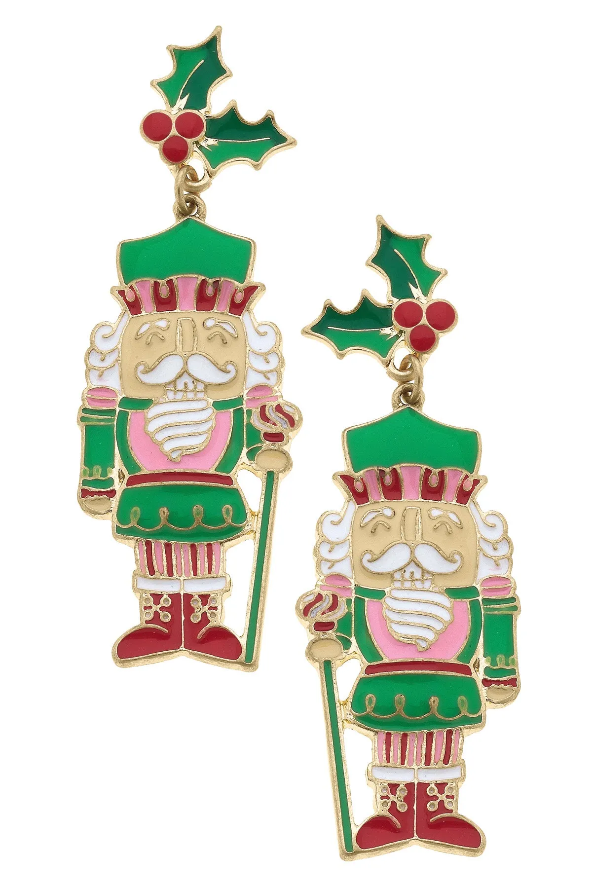 Mistletoe Enamel Nutcracker Earrings in Pink/Green/Red sold by Canvas Style