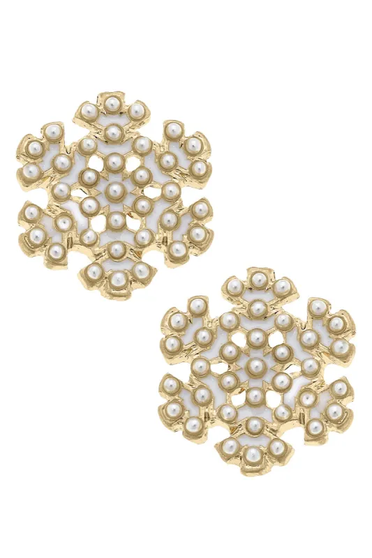 Pearl Studded Enamel Snowflake Stud Earrings in Ivory sold by Canvas Style