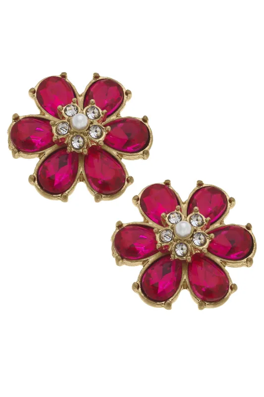 Brooke Rhinestone & Pearl Flower Stud Earrings in Fuchsia sold by Canvas Style