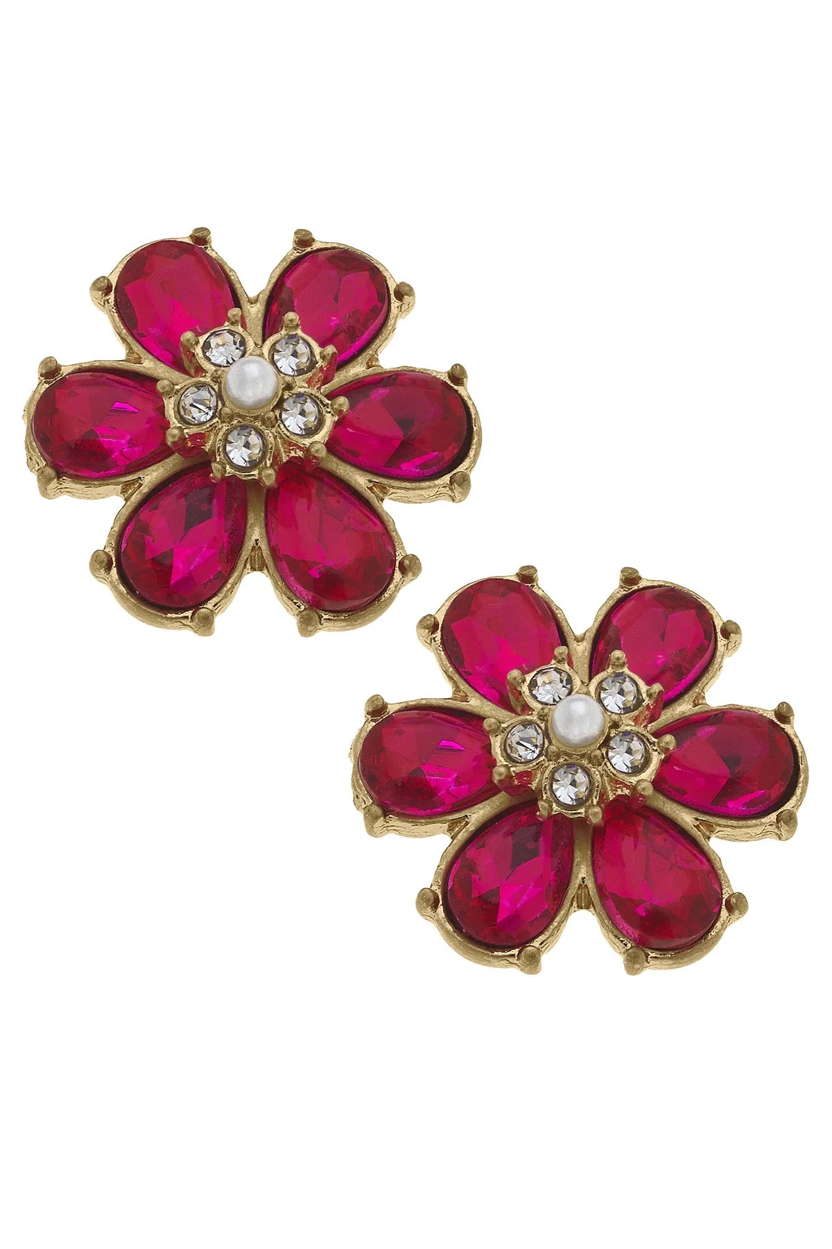 Brooke Rhinestone & Pearl Flower Stud Earrings in Fuchsia sold by Canvas Style