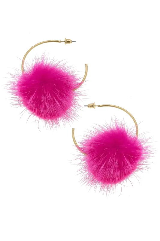 Kyra Faux Mink Pompon Hoop Earrings in Fuchsia sold by Canvas Style