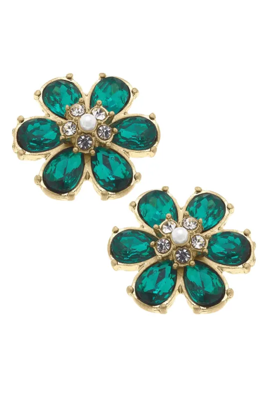 Brooke Rhinestone & Pearl Flower Stud Earrings in Emerald sold by Canvas Style