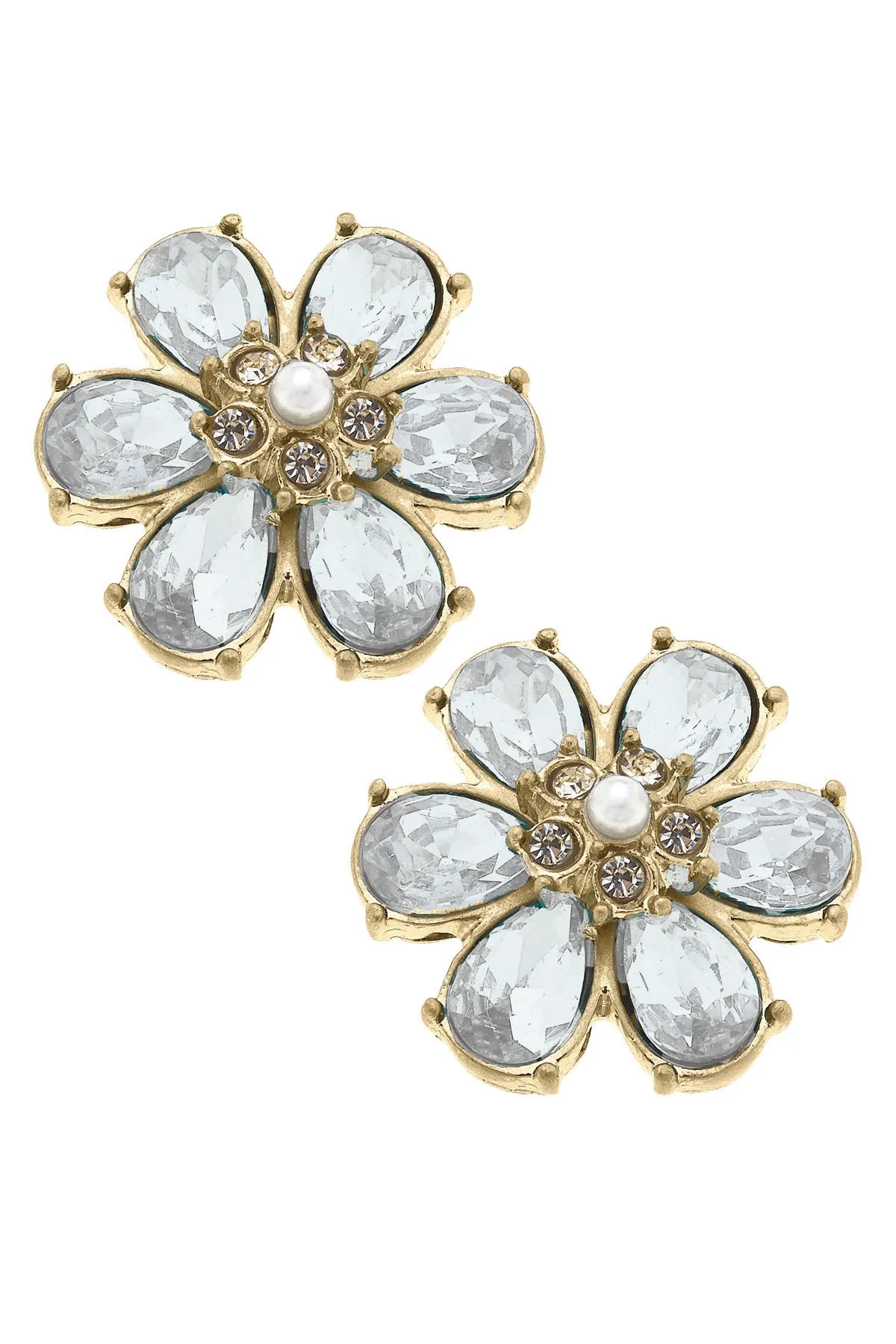 Brooke Rhinestone & Pearl Flower Stud Earrings in Clear sold by Canvas Style