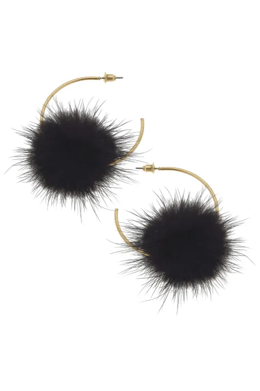 Kyra Faux Mink Pompon Hoop Earrings in Black sold by Canvas Style