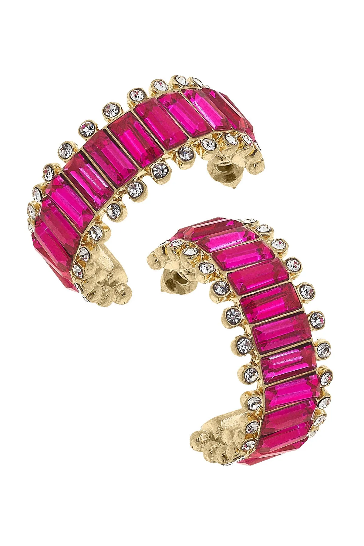 Katherine Rhinestone Baguette Hoop Earrings in Fuchsia sold by Canvas Style