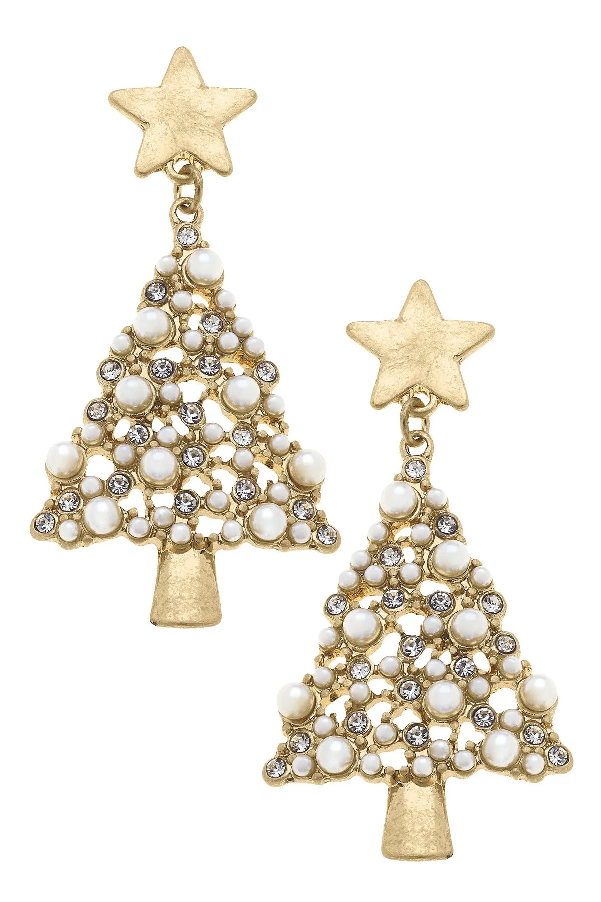 White Christmas Pearl Studded Enamel Christmas Tree Earrings in Ivory & Gold sold by Canvas Style