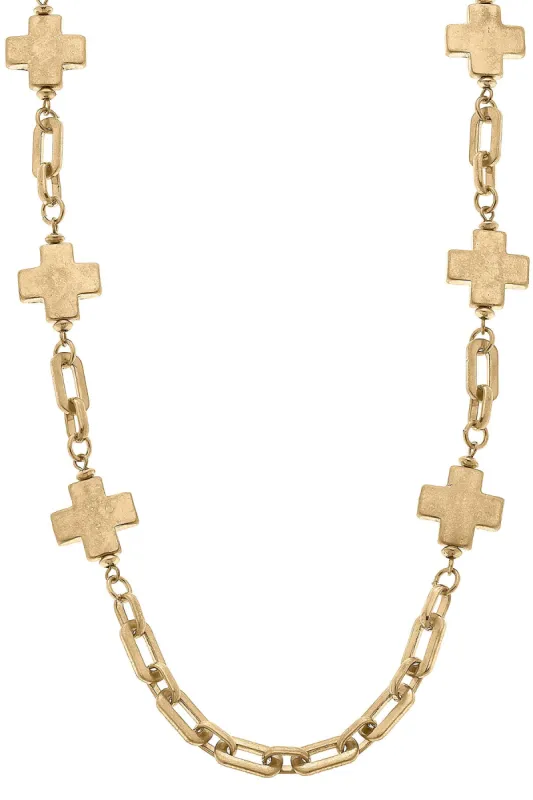 Edith Square Cross Station Necklace in Worn Gold sold by Canvas Style