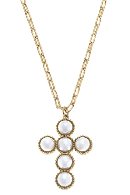 Elisha Pearl Cross Statement Necklace in Worn Gold sold by Canvas Style