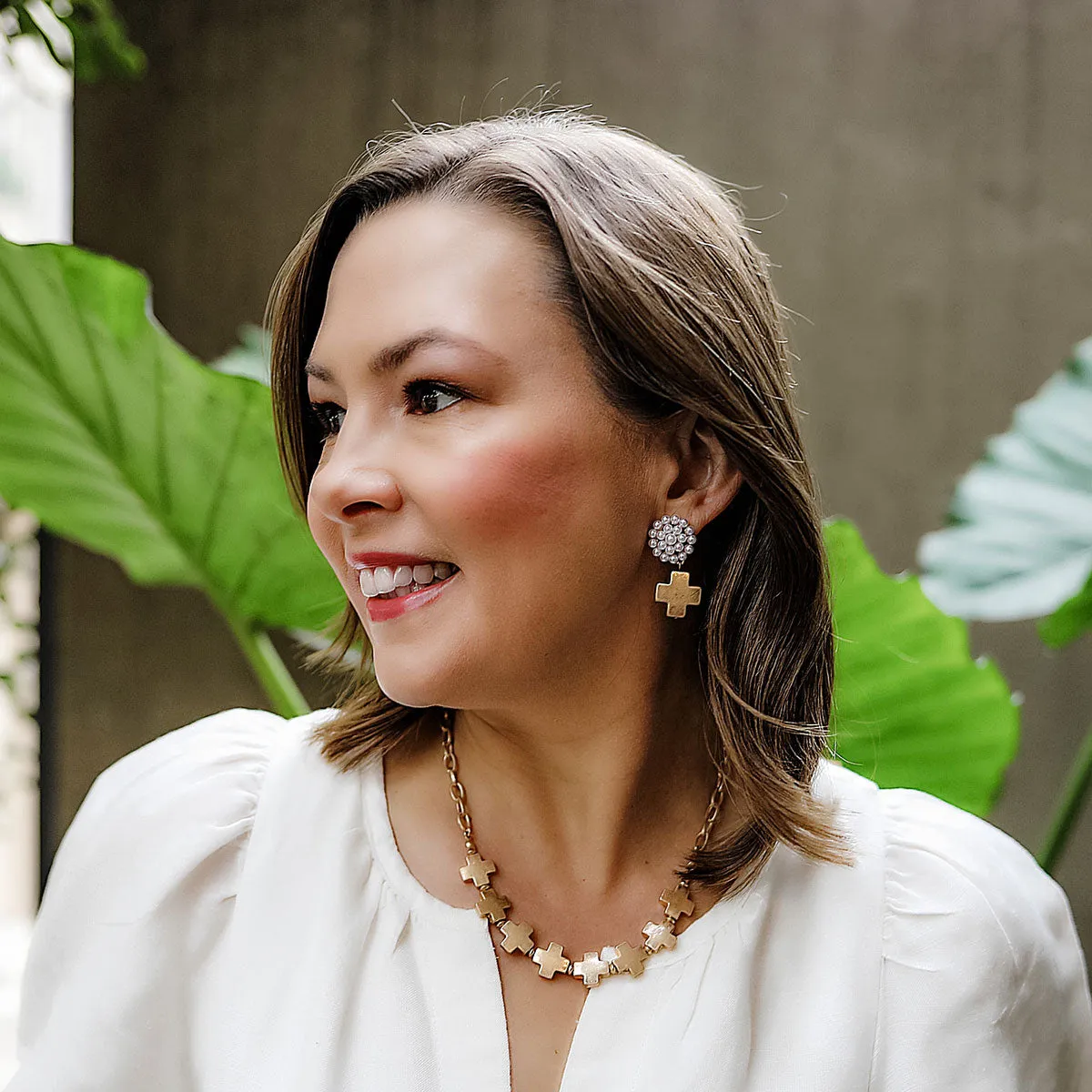 Edith Square Cross Pearl Cluster Drop Earrings in Worn Gold sold by Canvas Style product image thumbnail 2