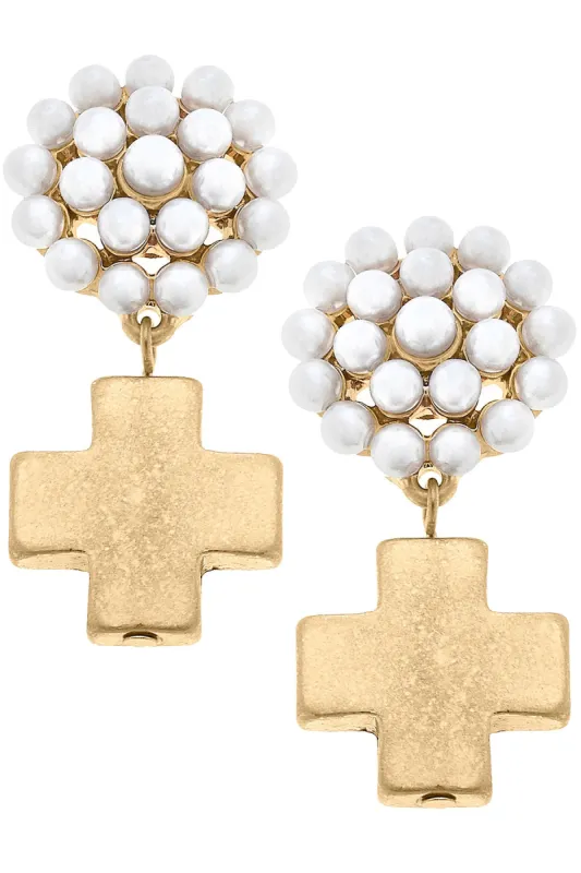 Edith Square Cross Pearl Cluster Drop Earrings in Worn Gold sold by Canvas Style
