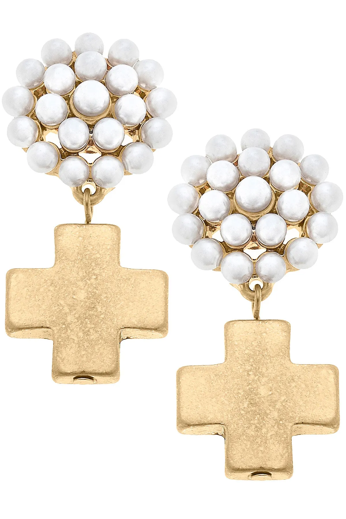 Edith Square Cross Pearl Cluster Drop Earrings in Worn Gold sold by Canvas Style