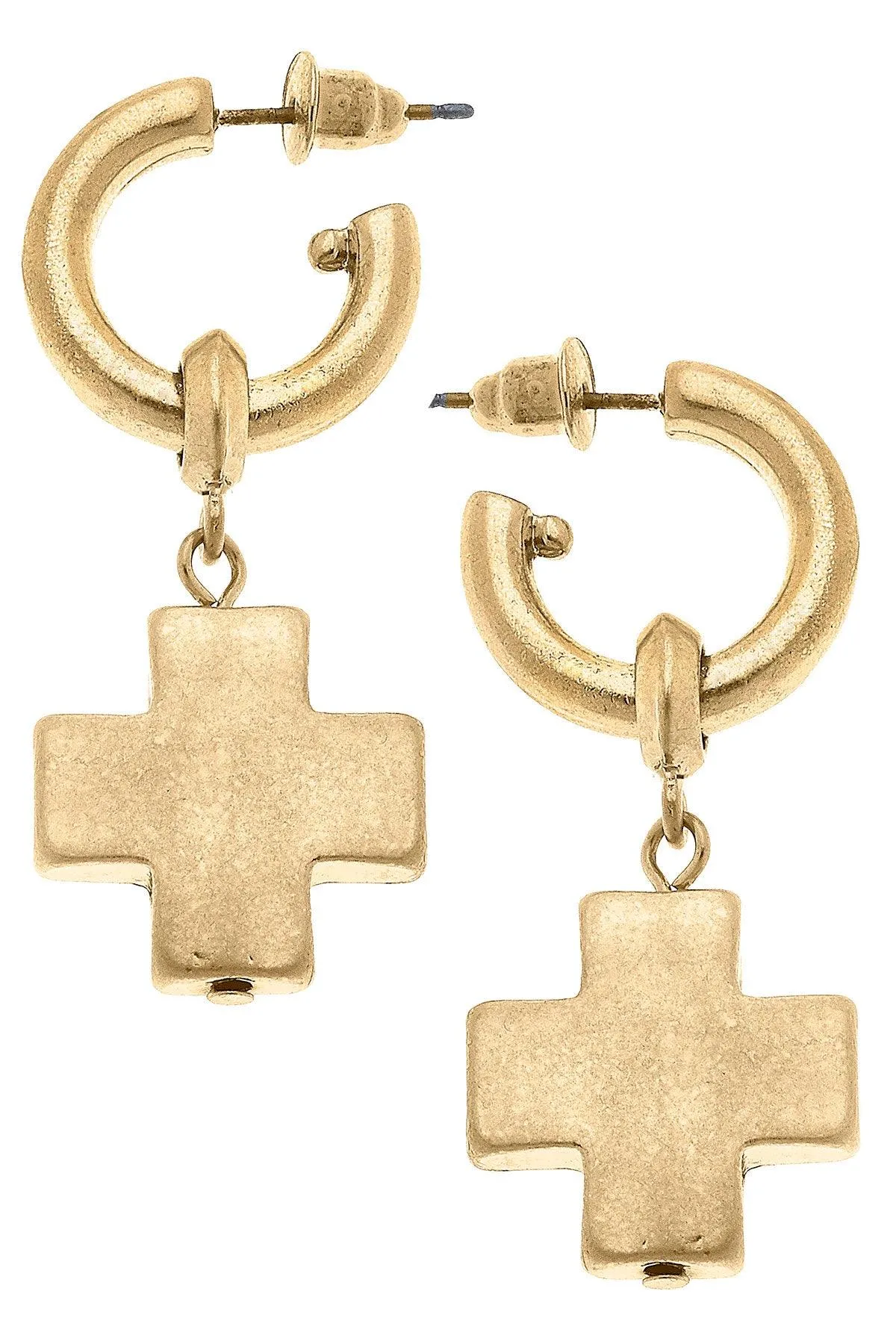 Edith Square Cross Drop Hoop Earrings in Worn Gold sold by Canvas Style