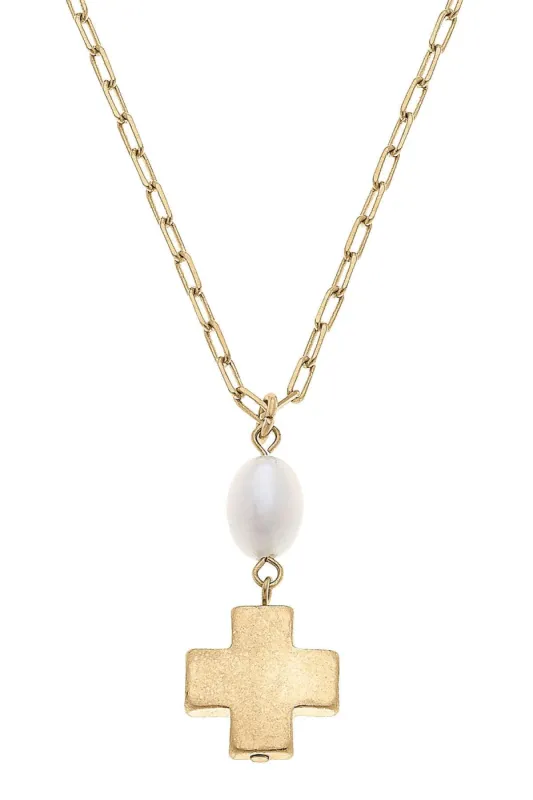 Edith Square Cross Delicate Necklace in Worn Gold sold by Canvas Style