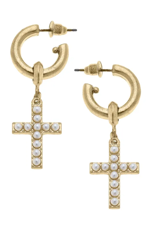 Meryl Pearl Studded Cross Drop Hoop Earrings in Worn Gold sold by Canvas Style