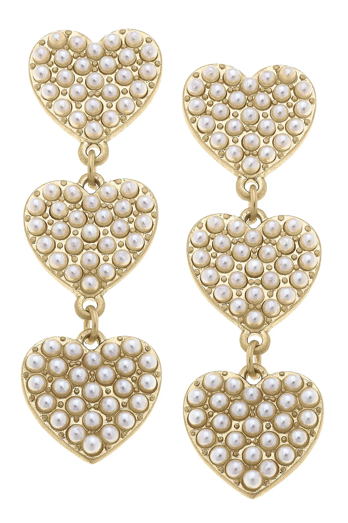 Meryl Triple Drop Pearl Studded Hearts Earrings in Ivory sold by Canvas Style