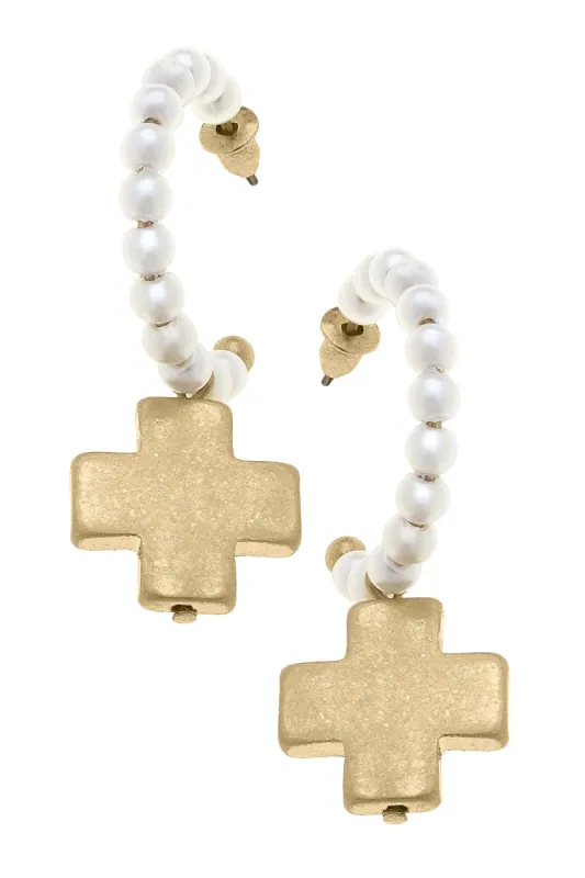 Edith Pearl Hoop Square Cross Drop Earrings in Worn Gold & Ivory sold by Canvas Style