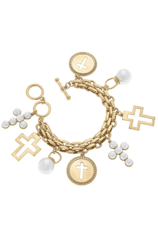 Heaven Cross Charm Bracelet in Worn Gold sold by Canvas Style