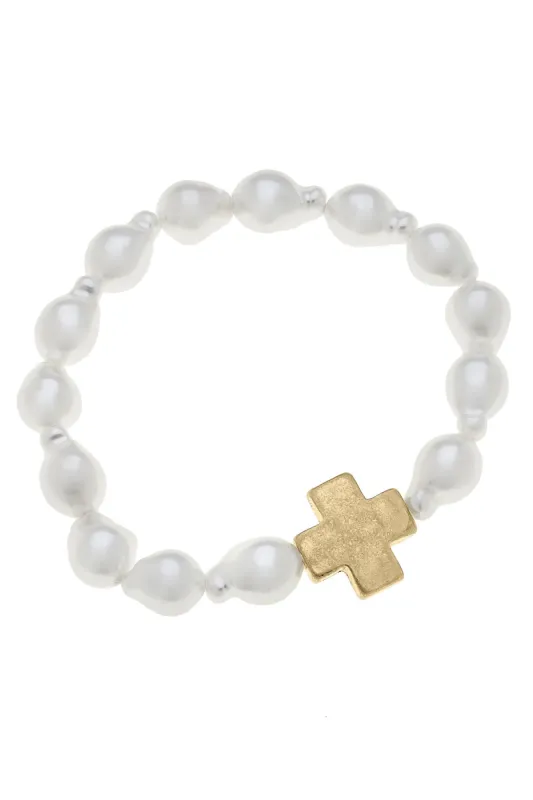 Beverly Baroque Pearl Cross Stretch Bracelet in Ivory sold by Canvas Style