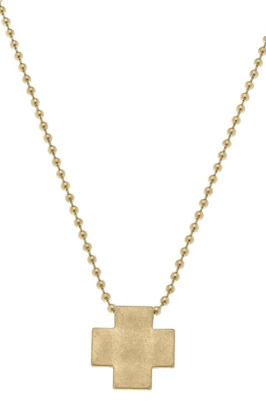 Edith Square Cross Ball Bead Necklace in Worn Gold sold by Canvas Style