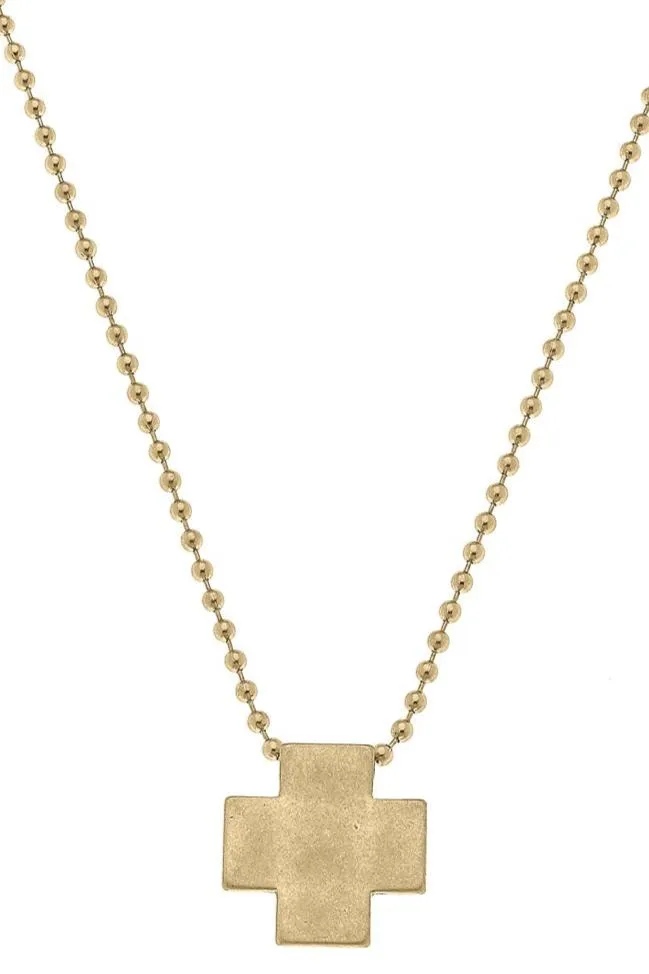 Edith Square Cross Ball Bead Necklace in Worn Gold sold by Canvas Style