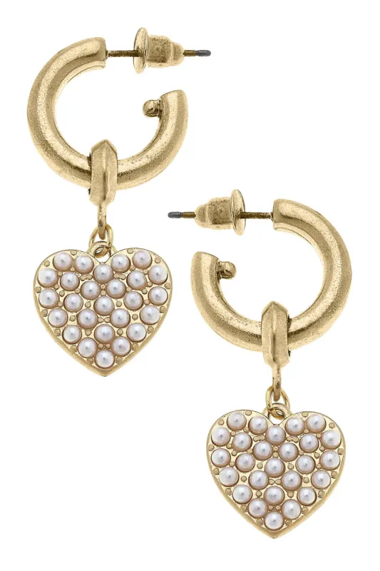Meryl Pearl Studded Heart Drop Hoop Earrings in Worn Gold sold by Canvas Style