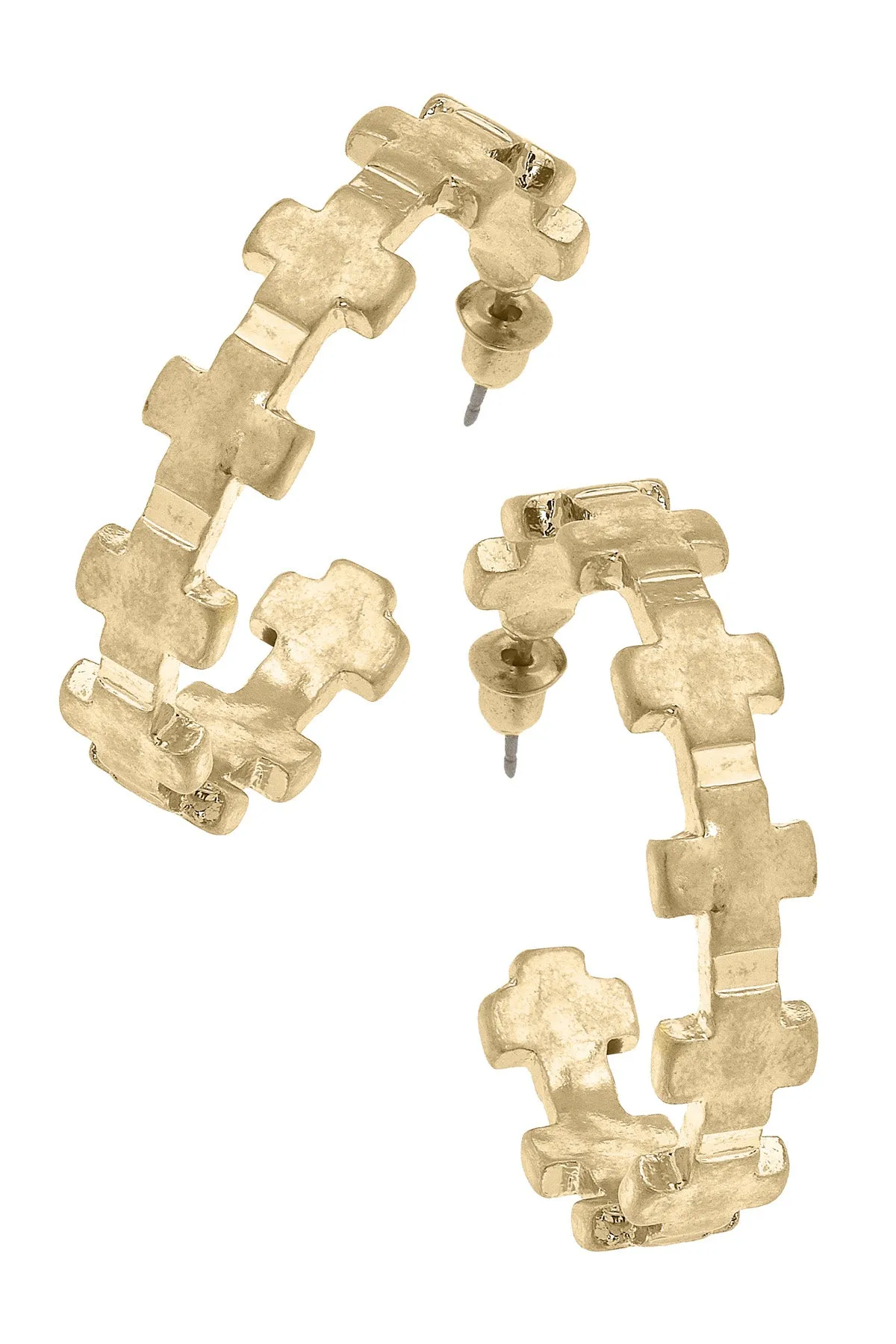 Edith Square Cross Hoop Earrings in Worn Gold sold by Canvas Style
