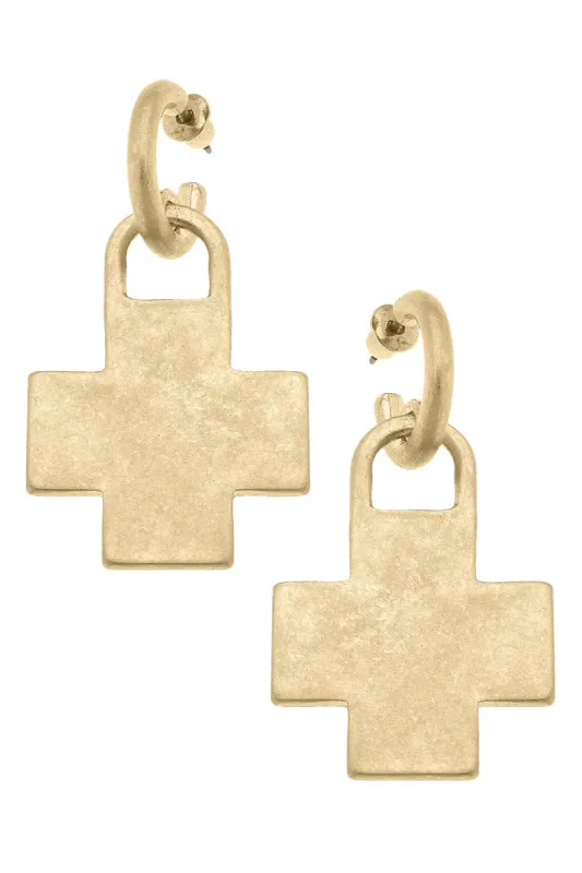 Nina Locked Cross Drop Hoop Earrings in Worn Gold sold by Canvas Style
